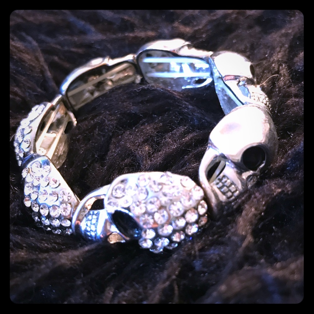 SILVER SKULL BRACELET RHINESTONE ACCENTS